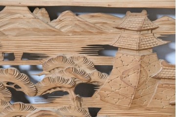 ヴィンテージ建具　昭和中期　橋と松の風景彫刻が美しい欄間2枚セット　(R-087558)