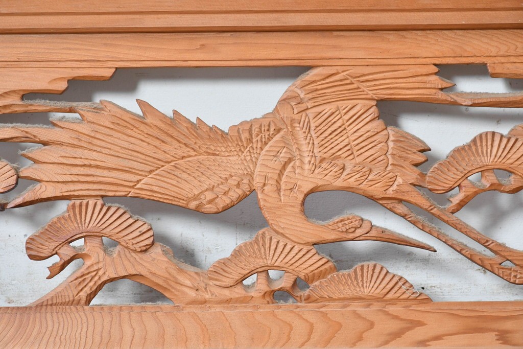 ヴィンテージ建具　昭和中期　松に舞う鶴の彫刻が美しい欄間2枚セット　(R-087559)