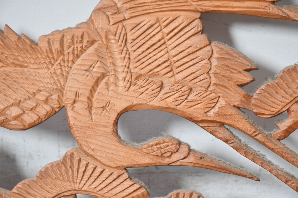 ヴィンテージ建具　昭和中期　松に舞う鶴の彫刻が美しい欄間2枚セット　(R-087559)