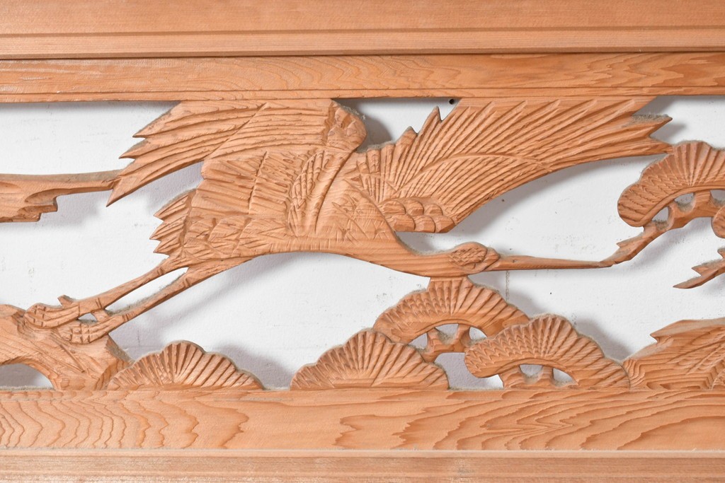 ヴィンテージ建具　昭和中期　松に舞う鶴の彫刻が美しい欄間2枚セット　(R-087559)