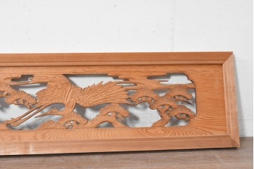 ヴィンテージ建具　昭和中期　松に舞う鶴の彫刻が美しい欄間2枚セット　(R-087559)