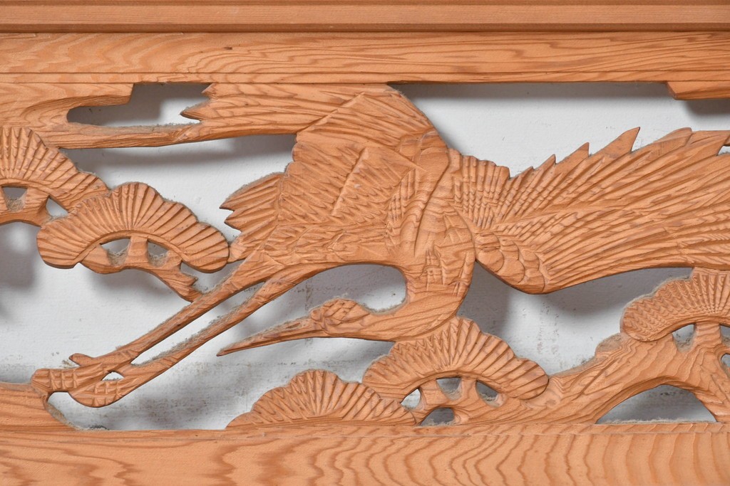 ヴィンテージ建具　昭和中期　松に舞う鶴の彫刻が美しい欄間2枚セット　(R-087559)