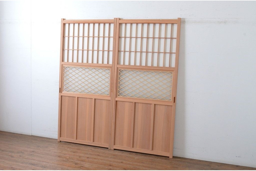 新古　未使用建具　昭和後期　ガラス入りの組子帯戸2枚セット　(R-087569)