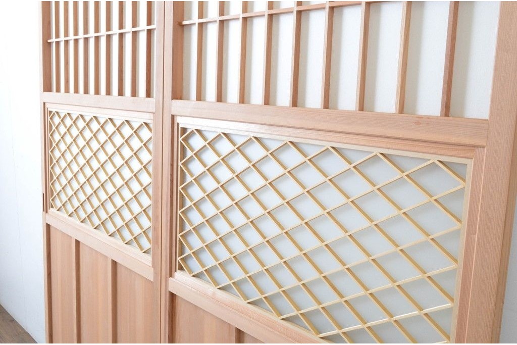 新古　未使用建具　昭和後期　ガラス入りの組子帯戸2枚セット　(R-087569)