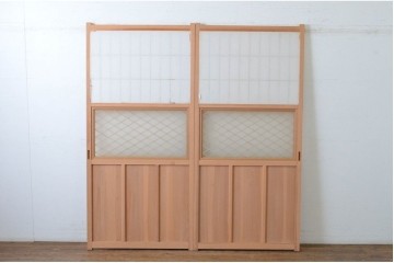 新古　未使用建具　昭和後期　ガラス入りの組子帯戸2枚セット　(R-087569)