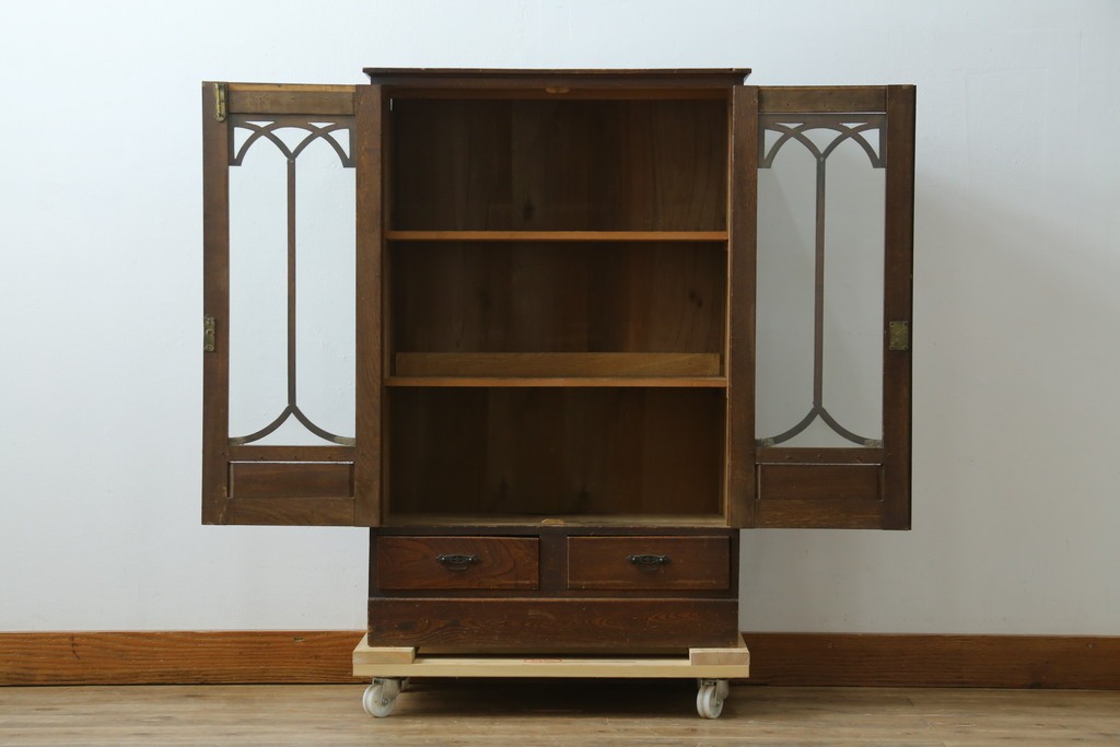 和製アンティーク　大正ロマン　栓材　ゴシック調のアーチ意匠が目を引く本箱　(R-087594)