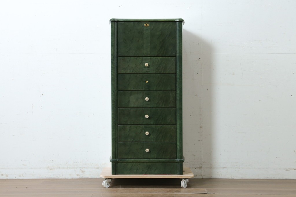 新古　展示品　美品　井上木工所　本みがき高級家具　深緑が美しいバーズアイメープルのジュエリーチェスト　定価約63万円　(R-087614)