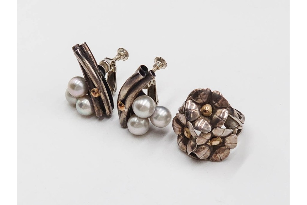 島田紘一呂　K18金(18金)・SILVER　パール(真珠)のイヤリングと花モチーフの指輪セット　(R-087636)