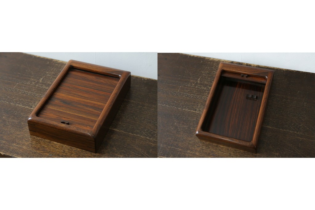 中古　美品　通産大臣指定伝統的工芸品　大阪唐木指物　吉勝作　紫檀材を用いた蛇腹式硯箱　(R-087682)
