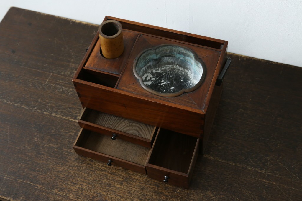 和製アンティーク　指物工芸品　花梨材　漆塗りの煙草盆　(R-087684)