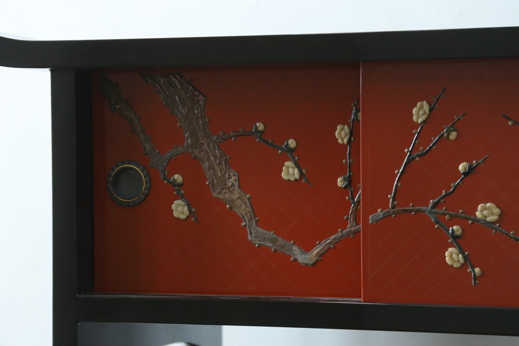 中古　美品　輪島塗　金彩・高蒔絵(梅・雀)　希少な朱塗りの飾り棚　定価約350万円　(R-087699)