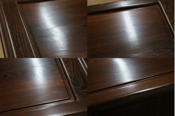 中古　鉄刀木(タガヤサン)材　重厚で気品ある佇まいの透かし彫り入りの飾り棚　(R-087706)