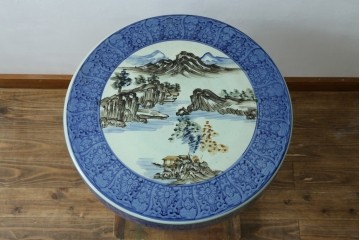 【簡易リペア限定品】　和製ヴィンテージ　たちばな焼　染付山水図が趣深いテーブルと椅子のセット　(R-087715)