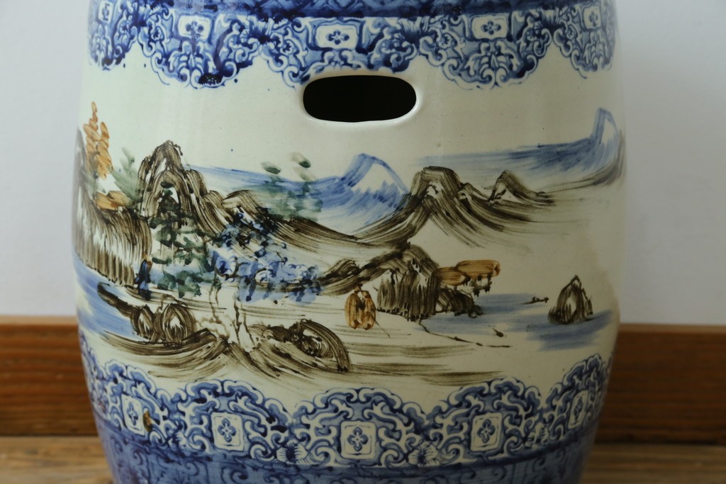 【簡易リペア限定品】　和製ヴィンテージ　たちばな焼　染付山水図が趣深いテーブルと椅子のセット　(R-087715)