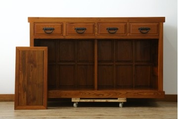 中古　欅(ケヤキ)材　格子戸が印象的な水屋箪笥サイドボード　(R-087720)