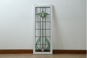 イギリスアンティーク　淡いピンクとグリーンの花模様が可憐なステンドグラスパネル　(R-087735)