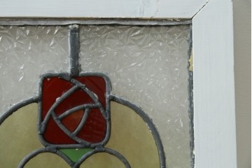 イギリスアンティーク　何学模様のようなデザインが印象的なステンドグラスパネル　(R-087739)