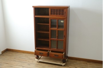 中古　美品　松本伝統指物工芸家具　欅(ケヤキ)材　漆塗り　格子戸が趣深い書棚　(R-087746)
