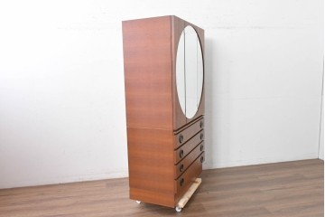 和製ヴィンテージ　希少デザイン　チーク材　丸鏡が印象的なミラー扉付きチェスト　(R-087767)