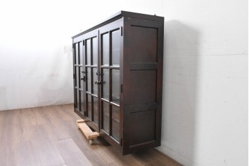 《台輪取り付け加工費込み》中古　北海道民芸家具　カバ材　格子ガラス扉のキャビネット　(R-087769)