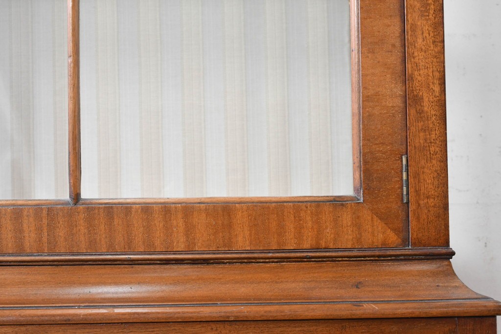 イギリスアンティーク　希少な幅狭サイズ!!　マホガニー材　クラシカルな金具と彫刻装飾が優雅な猫脚ガラスキャビネット　(R-087771)