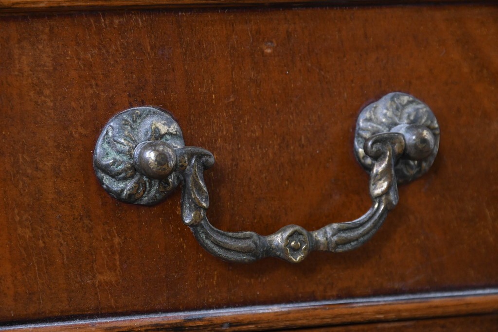 イギリスアンティーク　希少な幅狭サイズ!!　マホガニー材　クラシカルな金具と彫刻装飾が優雅な猫脚ガラスキャビネット　(R-087771)