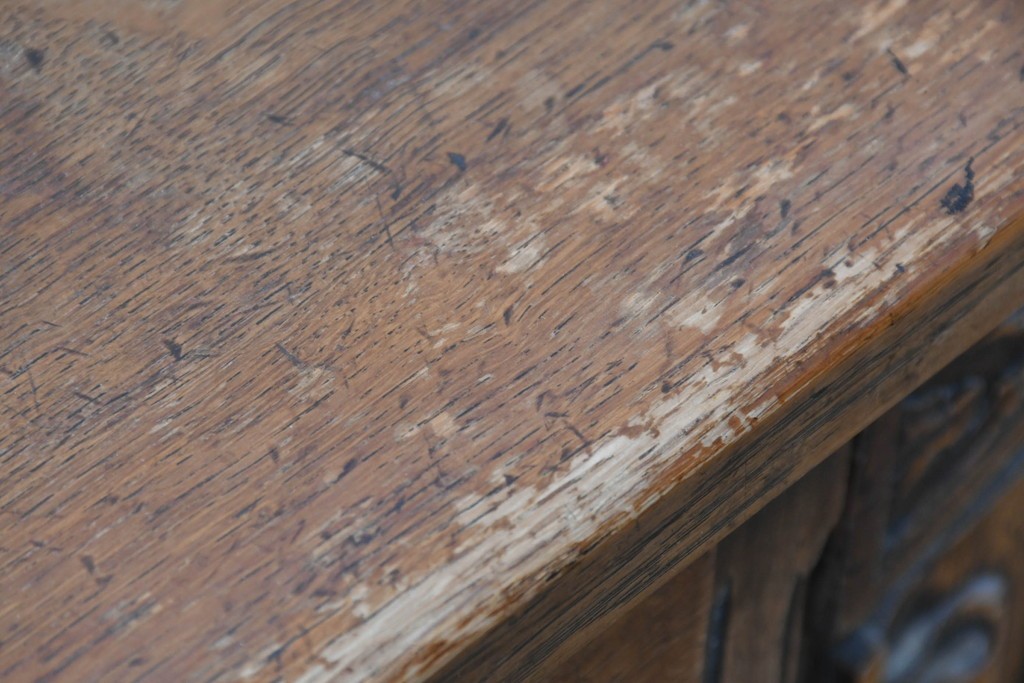 イギリスヴィンテージ　オーク材　リネンフォールドの伝統模様が施されたデスク　(R-087773)