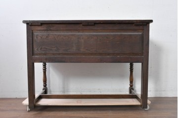 イギリスヴィンテージ　オーク材　リネンフォールドの伝統模様が施されたデスク　(R-087773)