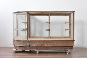 和製ヴィンテージ　伊藤製作所　曲げガラス　レトロな木製フレームの引き出し付きL型ガラスショーケース　(R-087782)
