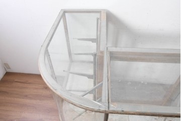 和製ヴィンテージ　伊藤製作所　曲げガラス　レトロな木製フレームの引き出し付きL型ガラスショーケース　(R-087782)