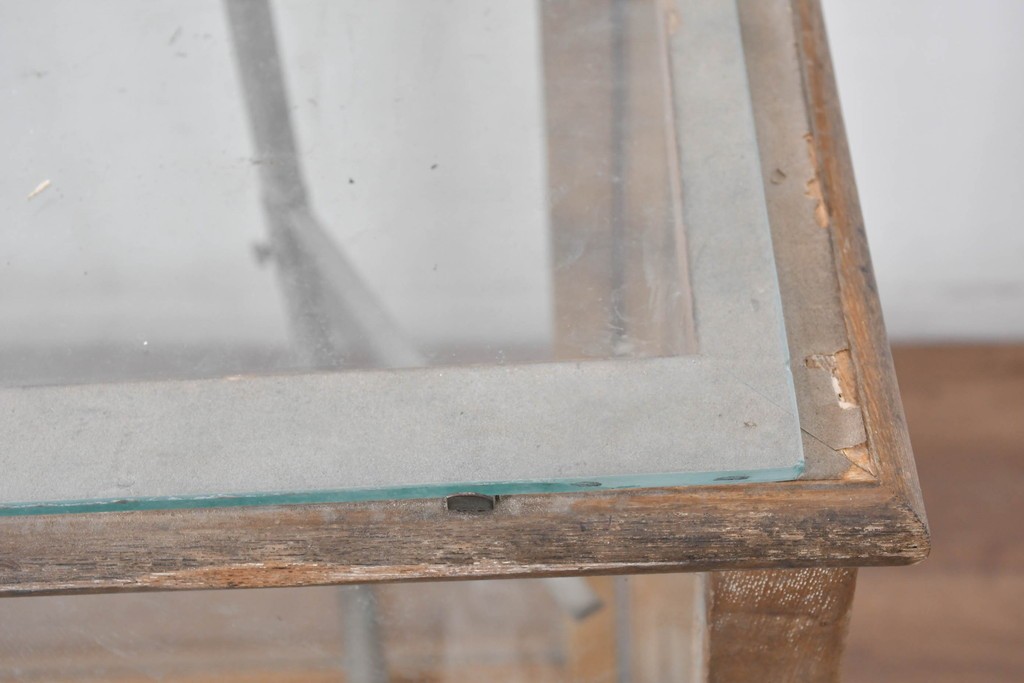 和製ヴィンテージ　伊藤製作所　曲げガラス　レトロな木製フレームの引き出し付きL型ガラスショーケース　(R-087782)