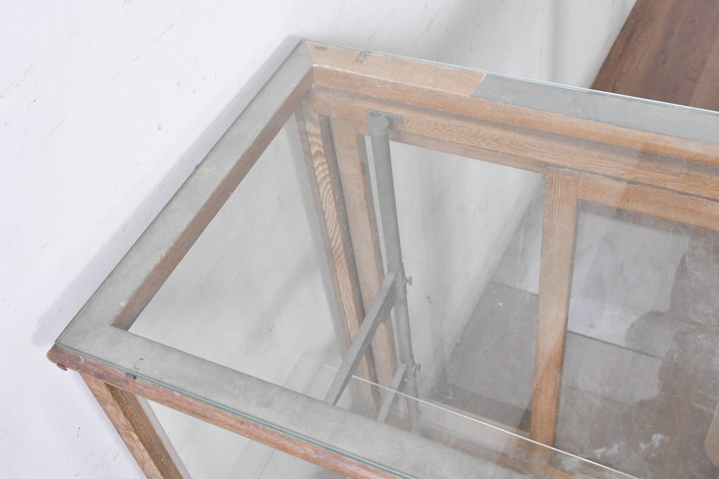 和製ヴィンテージ　伊藤製作所　曲げガラス　レトロな木製フレームの引き出し付きL型ガラスショーケース　(R-087782)