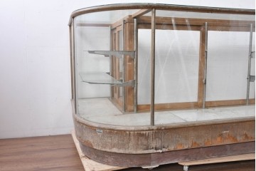 和製ヴィンテージ　伊藤製作所　曲げガラス　レトロな木製フレームの引き出し付きL型ガラスショーケース　(R-087782)