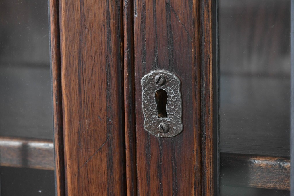 イギリスアンティーク　Jaycee Furniture(ジェイシーファニチャー)　オーク材　ガラス扉に幾何学的な意匠が施されたキャビネット　(R-087786)