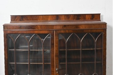イギリスアンティーク　ROWNTREE'S社　マホガニー材　美しい杢目とアーチ装飾が魅力のガラス扉キャビネット　(R-087788)