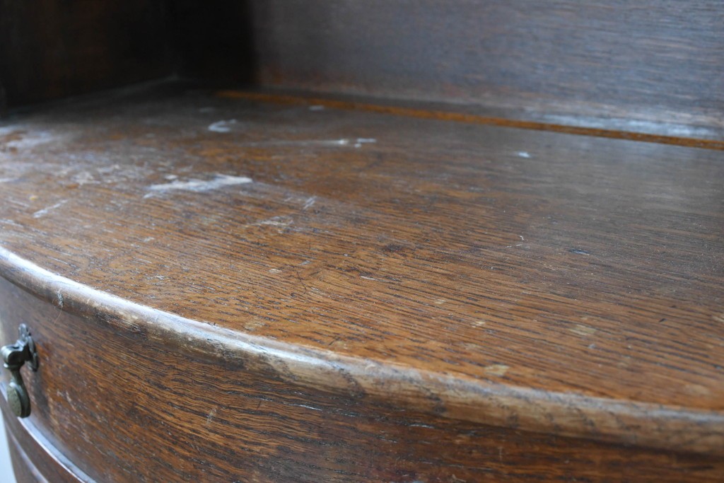 イギリスアンティーク　希少デザイン!!　オーク材　アーチトップ・ボウフロントデザインが魅力のオープンシェルフ　(R-087790)