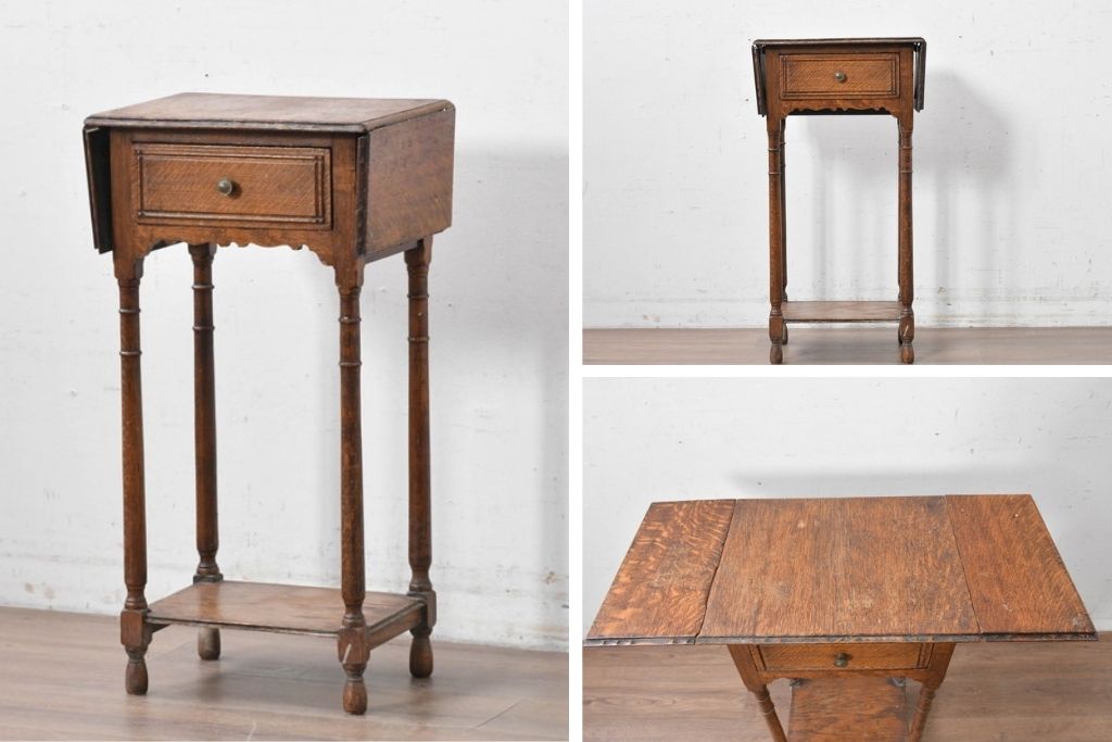 イギリスアンティーク　コンパクトで使い勝手の良い引き出し付きバタフライサイドテーブル　(R-087797)