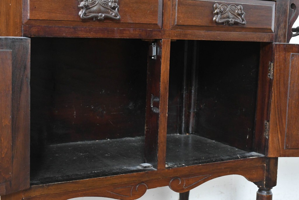 イギリスアンティーク　大理石天板　ウォールナット材　小振りサイズ　タイル装飾と透かし彫りが美しいウォッシュスタンド　(R-087802)