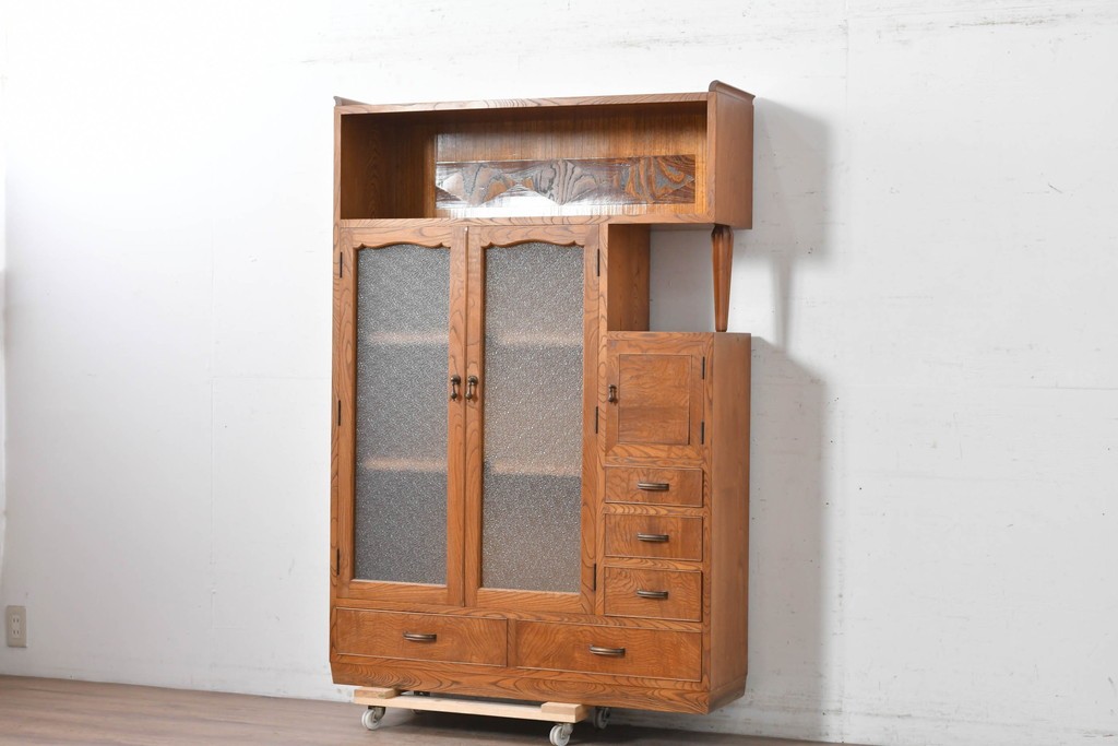 和製アンティーク　上手物!　高級品　欅(ケヤキ)材　パーケットリーが映えるモダンデザインが素敵な古い洋館の本箱　(R-087807)