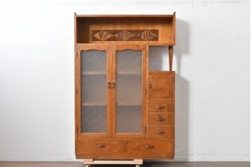 和製アンティーク　上手物!　高級品　欅(ケヤキ)材　パーケットリーが映えるモダンデザインが素敵な古い洋館の本箱　(R-087807)