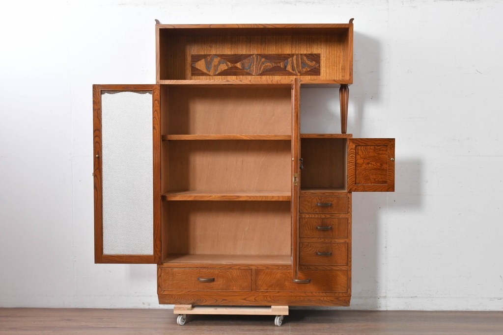 和製アンティーク　上手物!　高級品　欅(ケヤキ)材　パーケットリーが映えるモダンデザインが素敵な古い洋館の本箱　(R-087807)