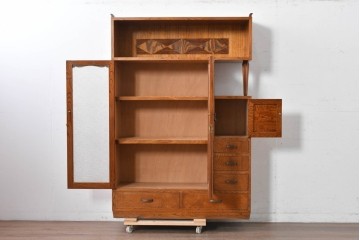 和製アンティーク　上手物!　高級品　欅(ケヤキ)材　パーケットリーが映えるモダンデザインが素敵な古い洋館の本箱　(R-087807)