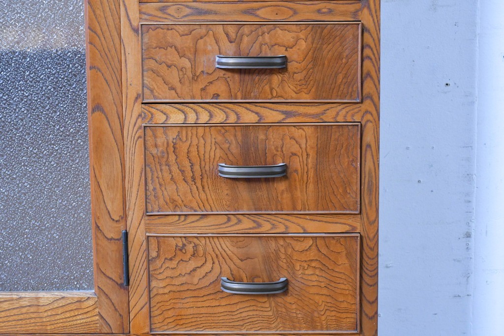 和製アンティーク　上手物!　高級品　欅(ケヤキ)材　パーケットリーが映えるモダンデザインが素敵な古い洋館の本箱　(R-087807)