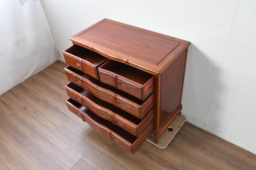 和製ヴィンテージ　花梨(カリン)材　美しい杢目と優雅な猫脚デザインのチェスト　(R-087811)