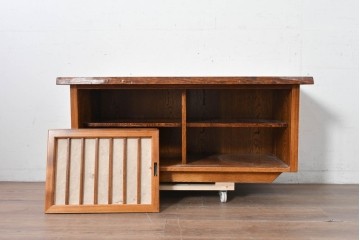 中古　美品　国産職人手作り　岩泉純木家具　和紙張りの引き戸が印象的な栓材・漆塗りのテレビボード　製作費推定70万円　(R-087815)