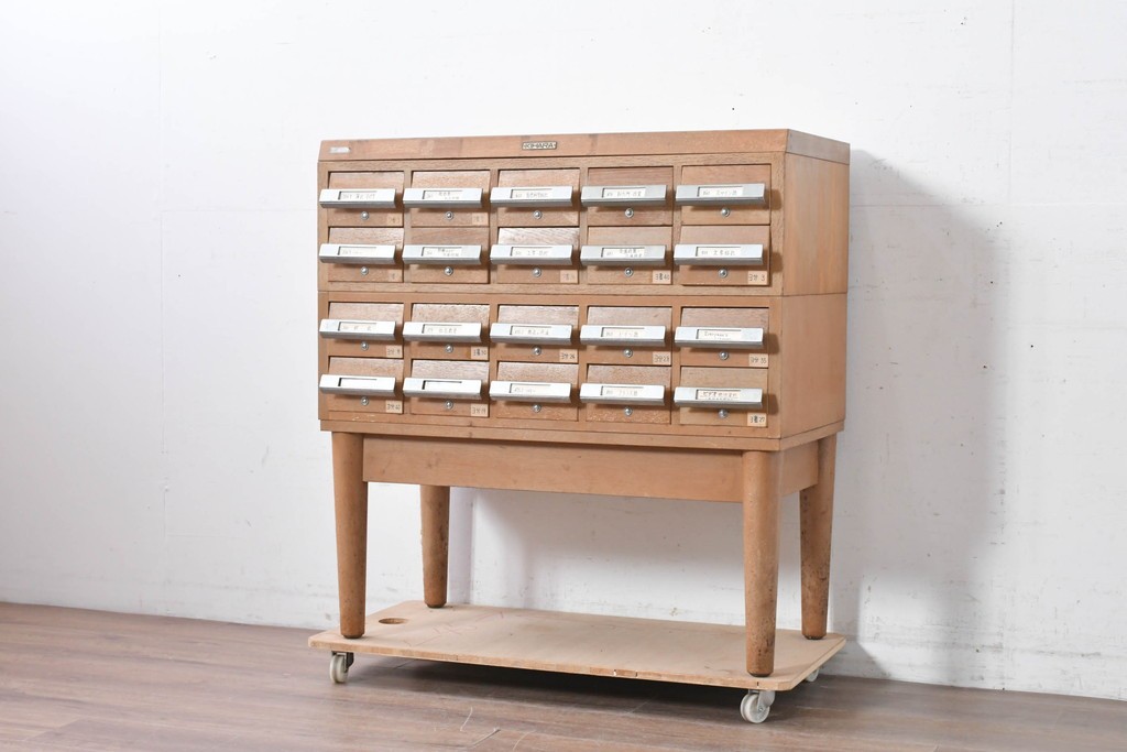 和製ヴィンテージ　昭和レトロ　KIHARA　ナラ材製　小物収納に最適な図書館のスタッキングカードケース　(R-087821)