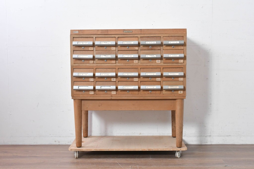 和製ヴィンテージ　昭和レトロ　KIHARA　ナラ材製　小物収納に最適な図書館のスタッキングカードケース　(R-087821)