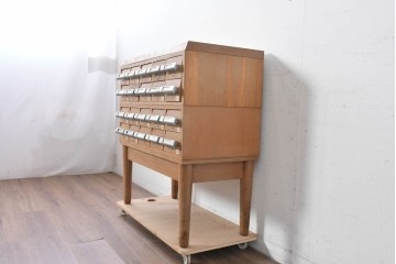 和製ヴィンテージ　昭和レトロ　KIHARA　ナラ材製　小物収納に最適な図書館のスタッキングカードケース　(R-087821)