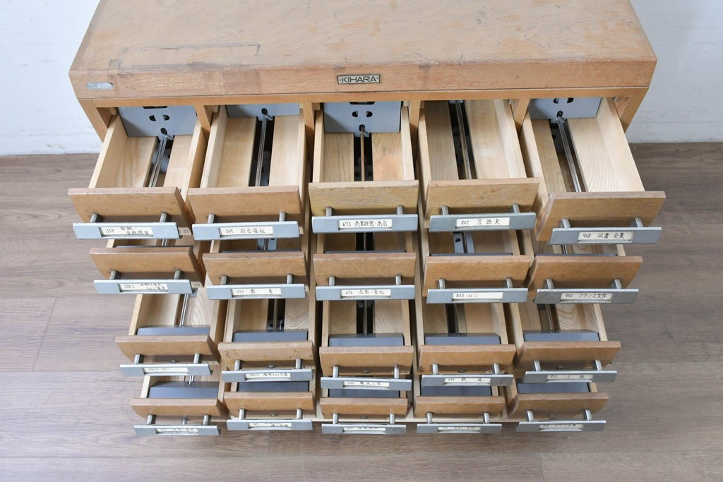 和製ヴィンテージ　昭和レトロ　KIHARA　ナラ材製　卓上収納におすすめの図書館のカードケース　(R-087822)