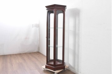和製ヴィンテージ　美品　希少デザイン!　花梨(カリン)材　六角形の珍しいフォルムが魅力的なガラスケース　(R-087835)